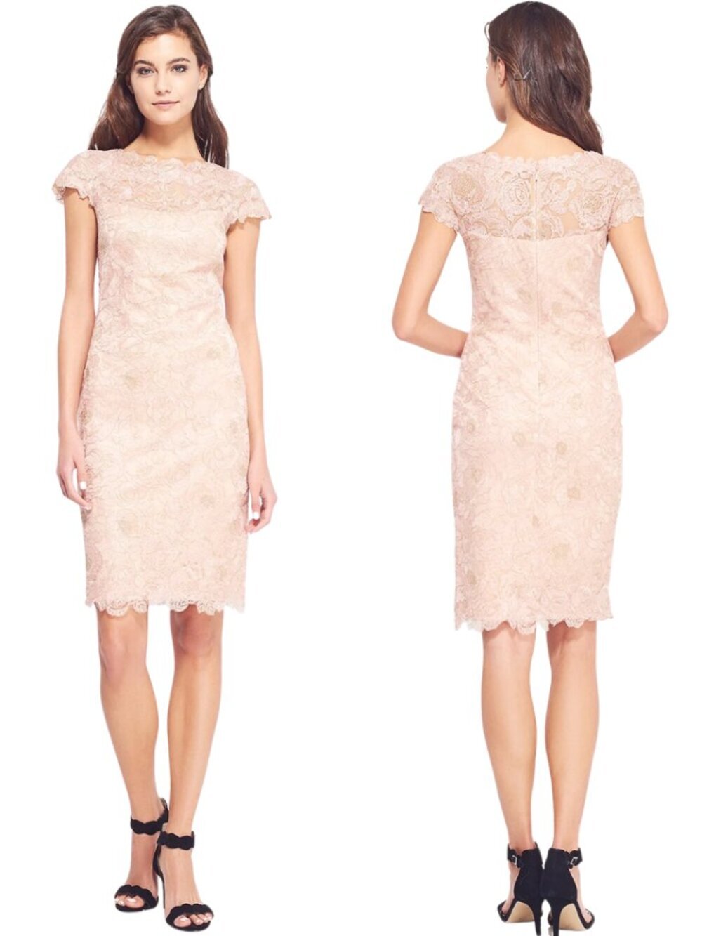 Tadashi Shoji Rose Motif Sheath Dress Womens 12 Petal Gold Formal Cocktail Party